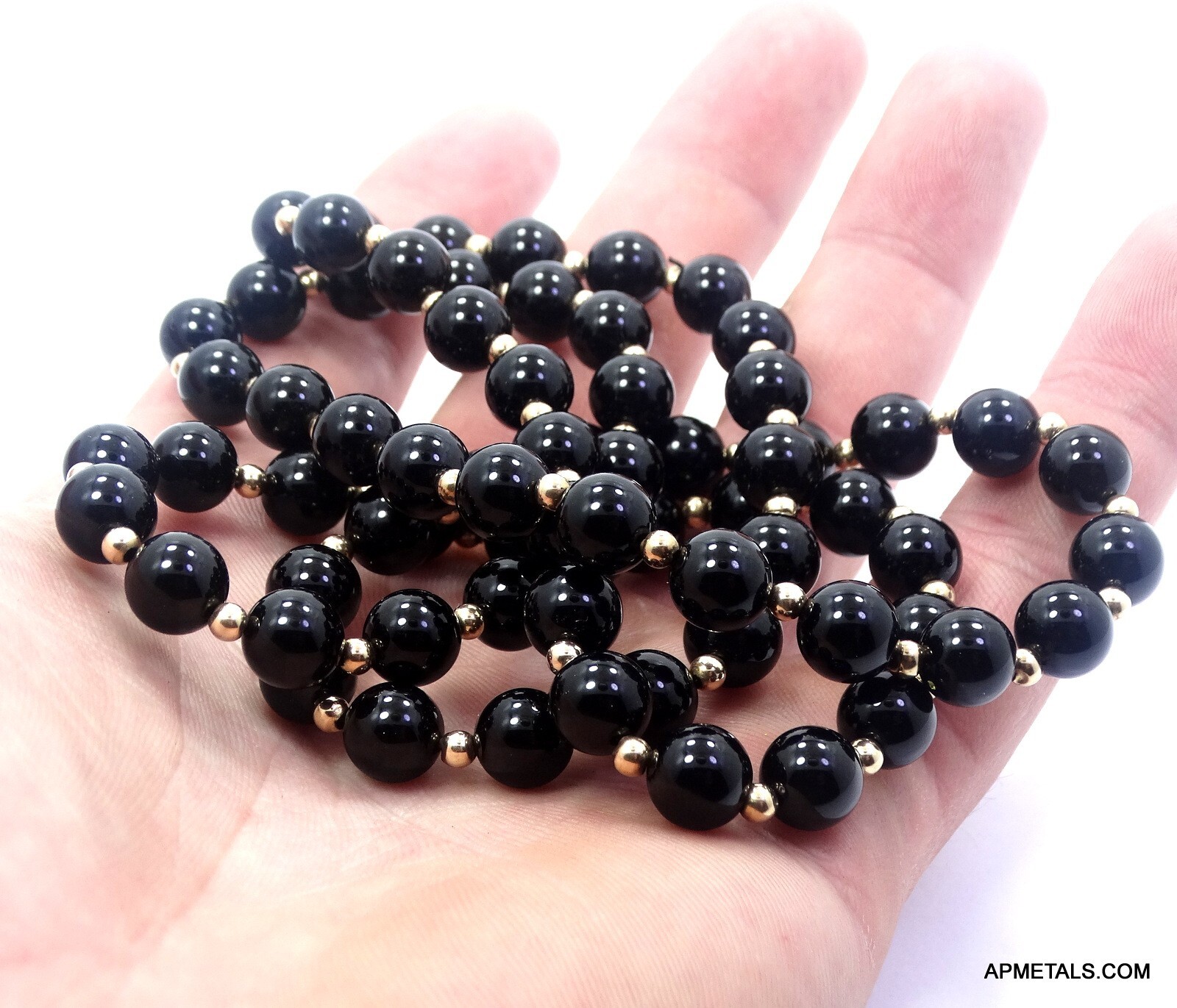 Vintage GENUINE BLACK ONYX 14k BEADS 30 in. Opera Length 8mm onyx 3mm gold bead