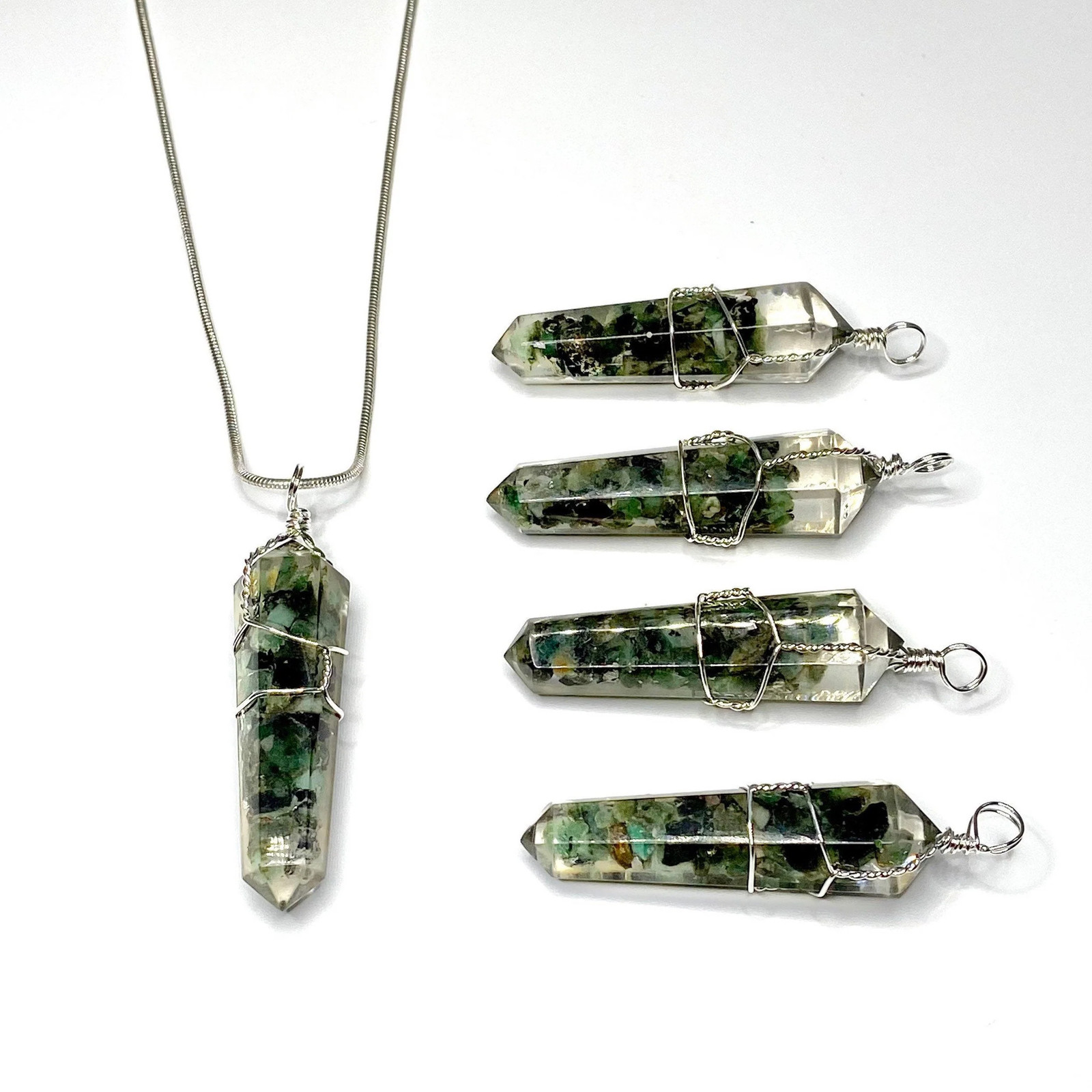 Emerald in Orgonite Wire Wrapped Pendant Necklace