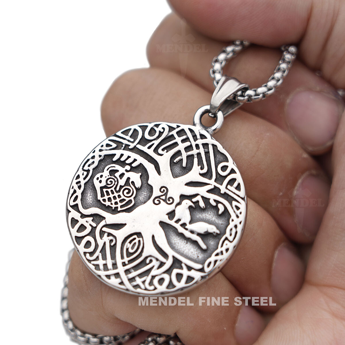 MENDEL Mens Viking Tree Of Life Yggdrasil Raven Pendant Necklace Stainless Steel