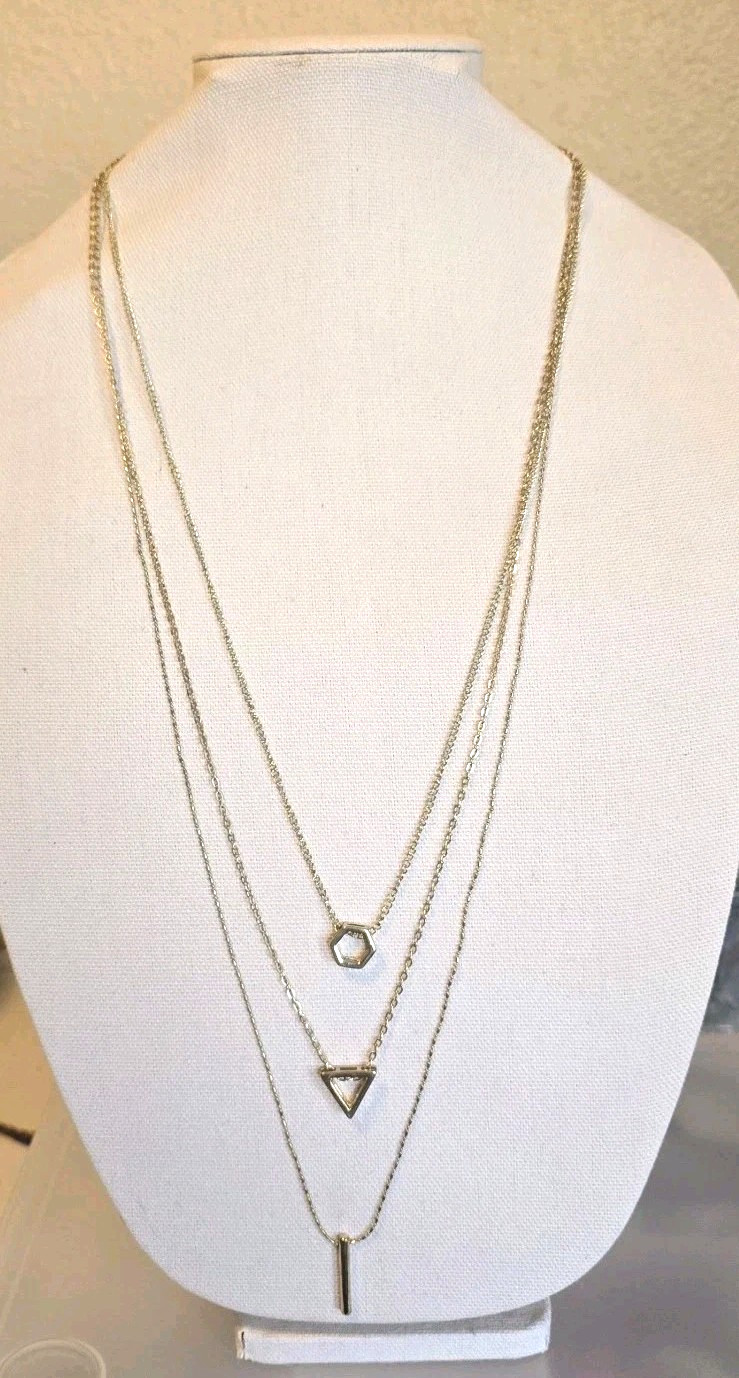 Gold Tone Layered Necklace Octagon Triangle Bar Pendant 3 Strand Statement Piece