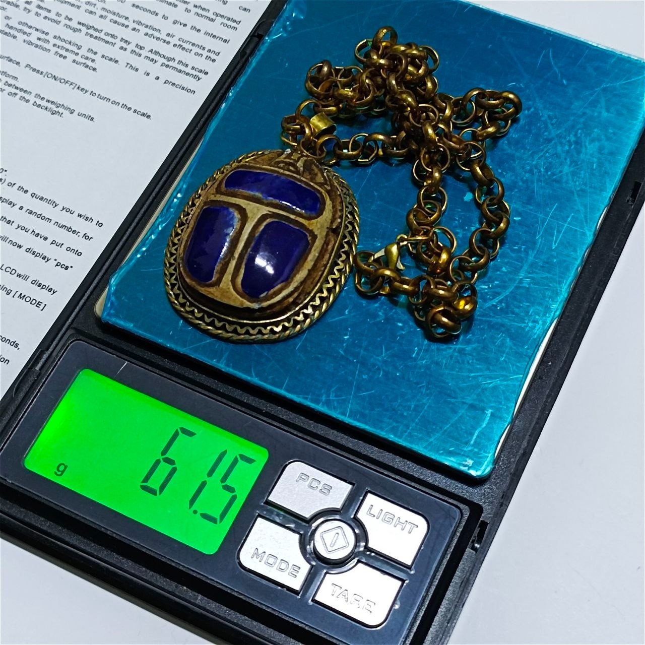Vintage Brass Scarab Pendant Necklace Blue Inlay Classic Egyptian Style Jewelry