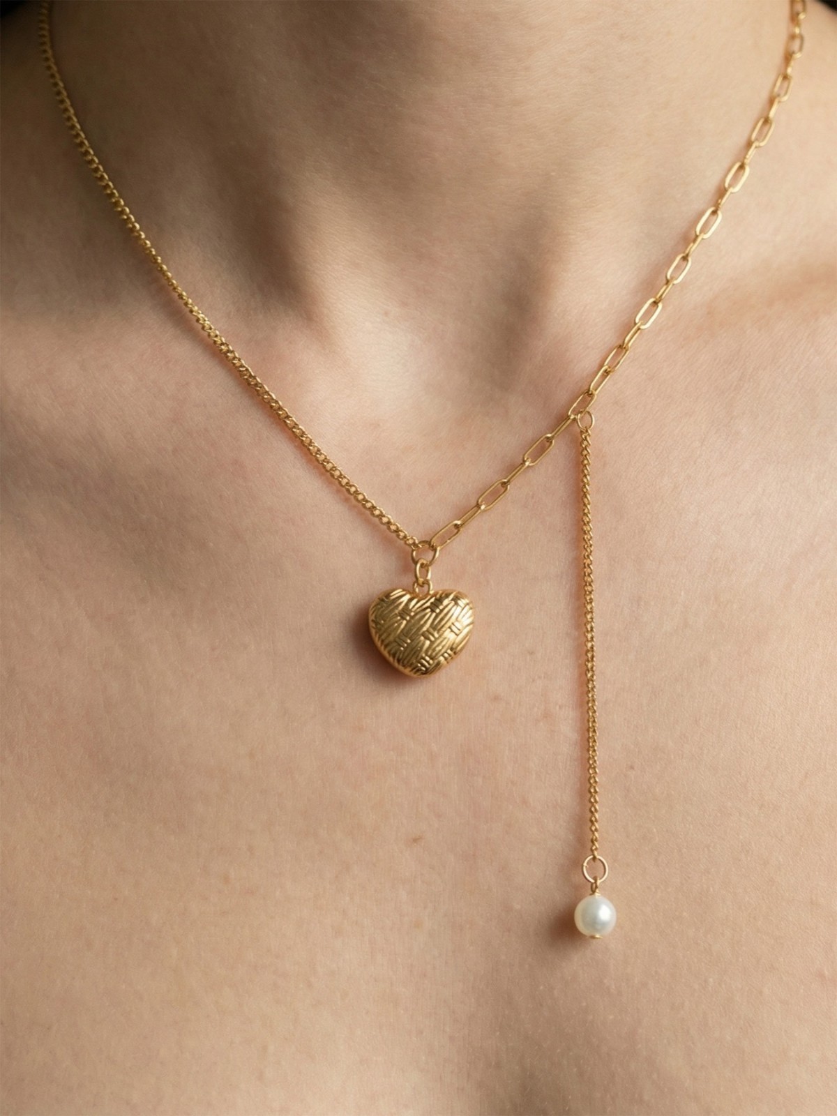 18K Gold Plated Stainless Steel Heart Pendant Faux Pearl Drop Necklace