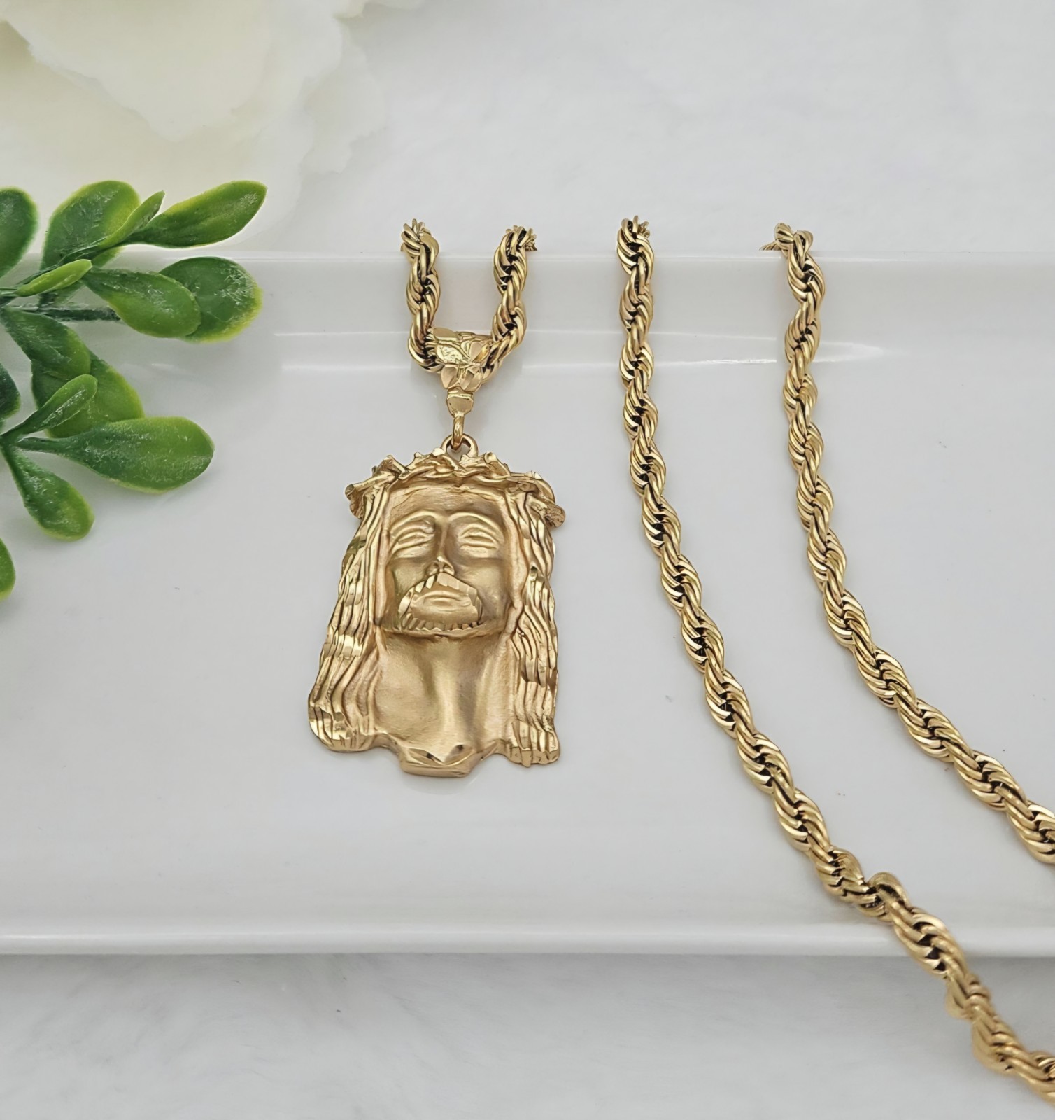 Large Gold Jesus Necklace For Men, 14K Heavy Plated Gold 5mm Rope Chain, No Fade