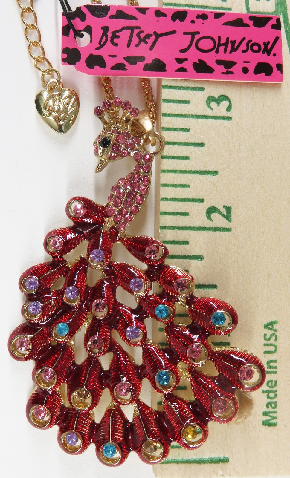 NWT-Betsey Johnson Red Enamel Multi-Crystal Peacock Pendant on Goldtone Necklace