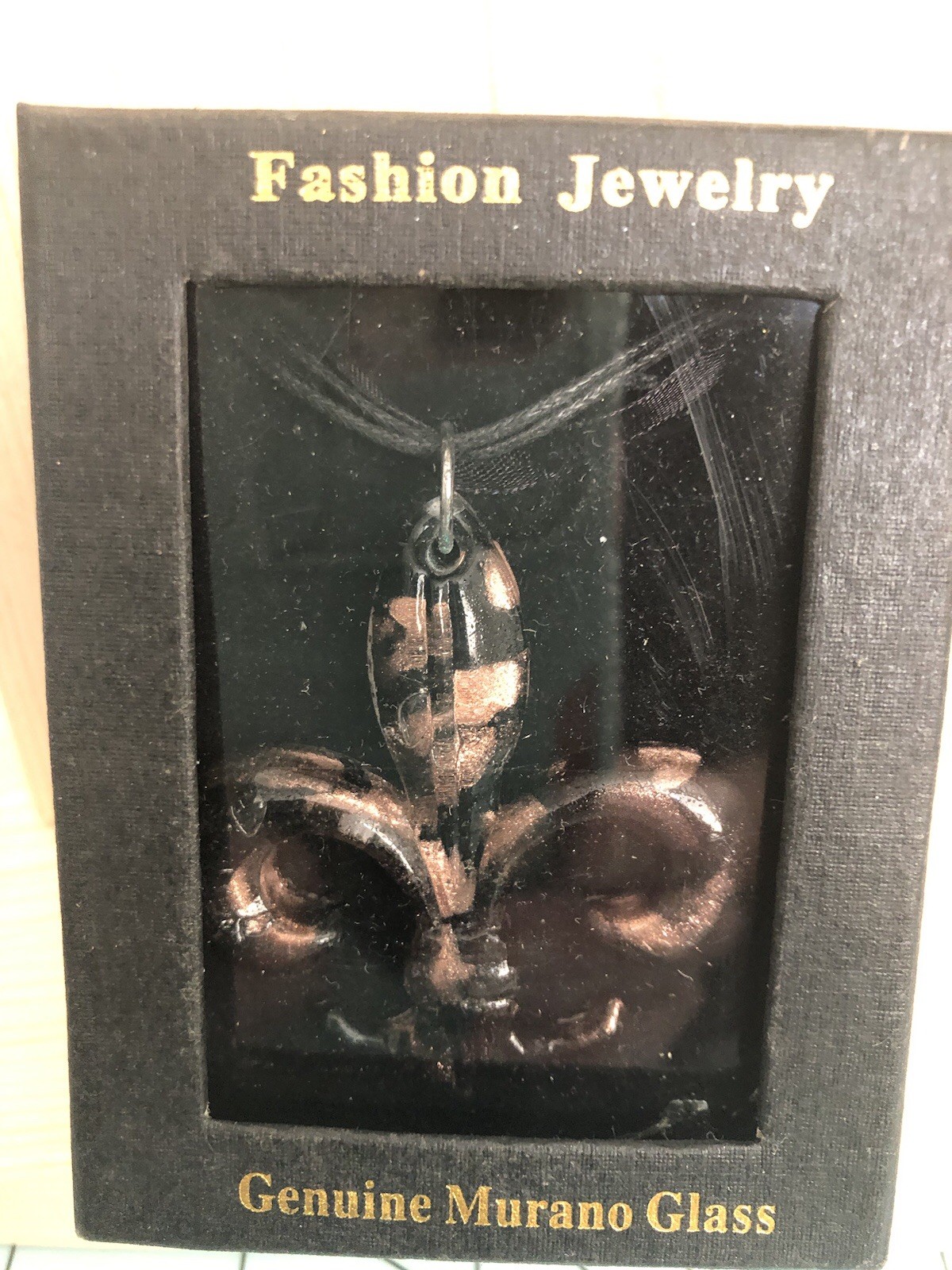 Glass Fleur De LIS Pendant Necklace Black/Gold Colored Ribbon And Cord