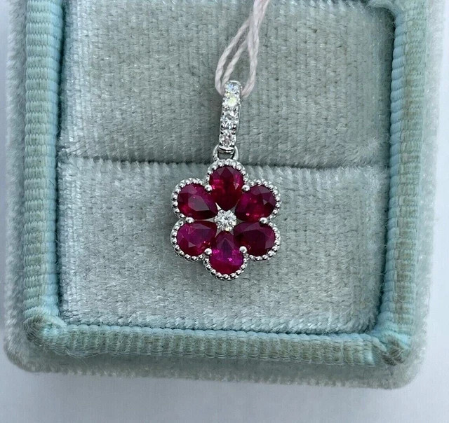 1.50Ct Pear Cut Lab-Created Red Ruby Flower Pendant 14K White Gold Silver Plated