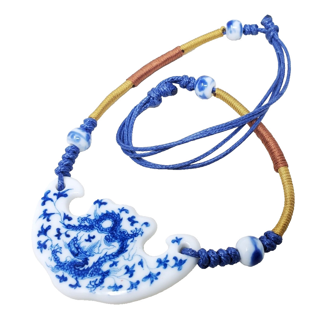 Porcelain Blue White Chinese Dragon Pendant Necklace Adjustable Length Ceramic