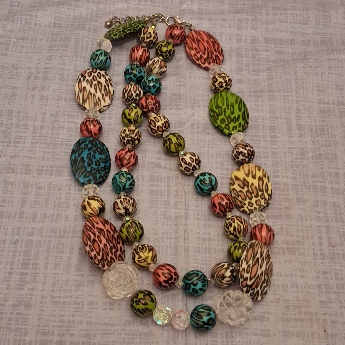 Multicolor Animal Print Statement Necklace Clear Round Glass Beads Lobster Clasp