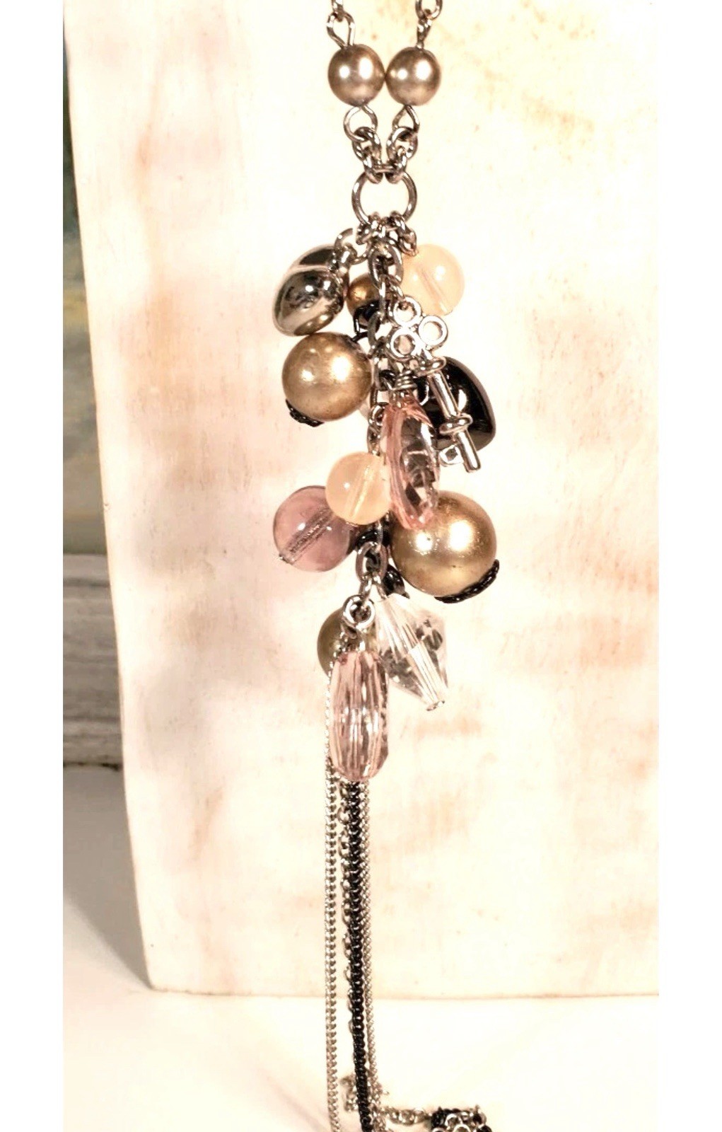 Cluster Necklace Silver Chain Pink Gold Beads 28-30″ With 7″ Drop Heart Keys