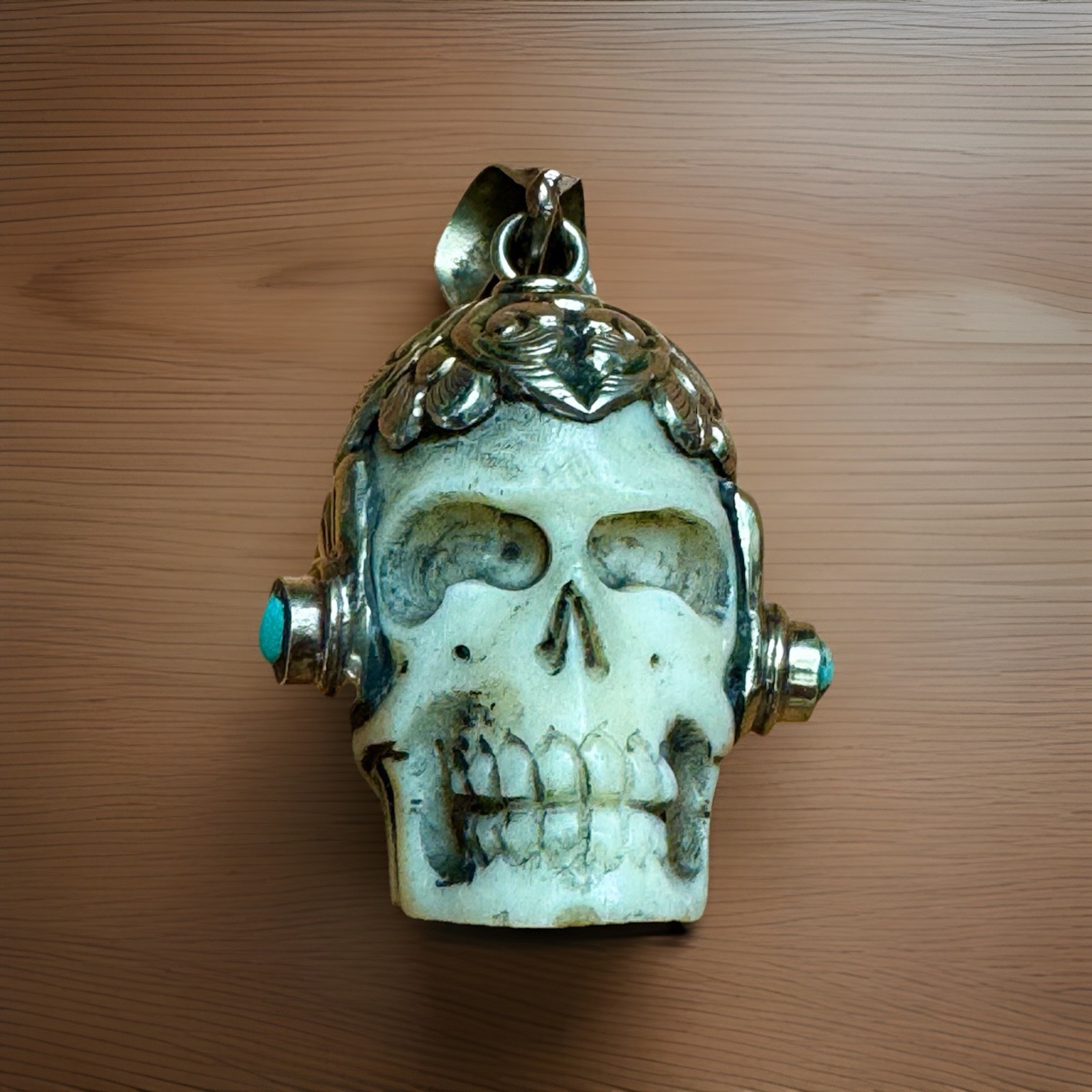 Handcrafted Bone Skull Pendant,Set in Tibetan Silver & Turquoise.2”inch & 27gram