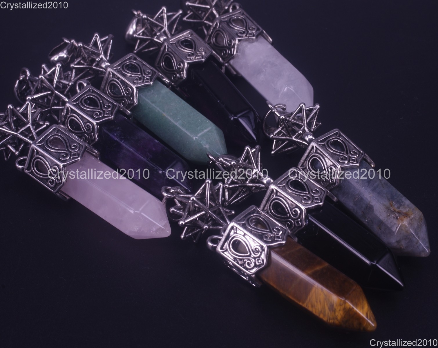 Natural Gemstone Hexagonal Chakra Healing Pendant Bead Tibetan Silver 16x68mm