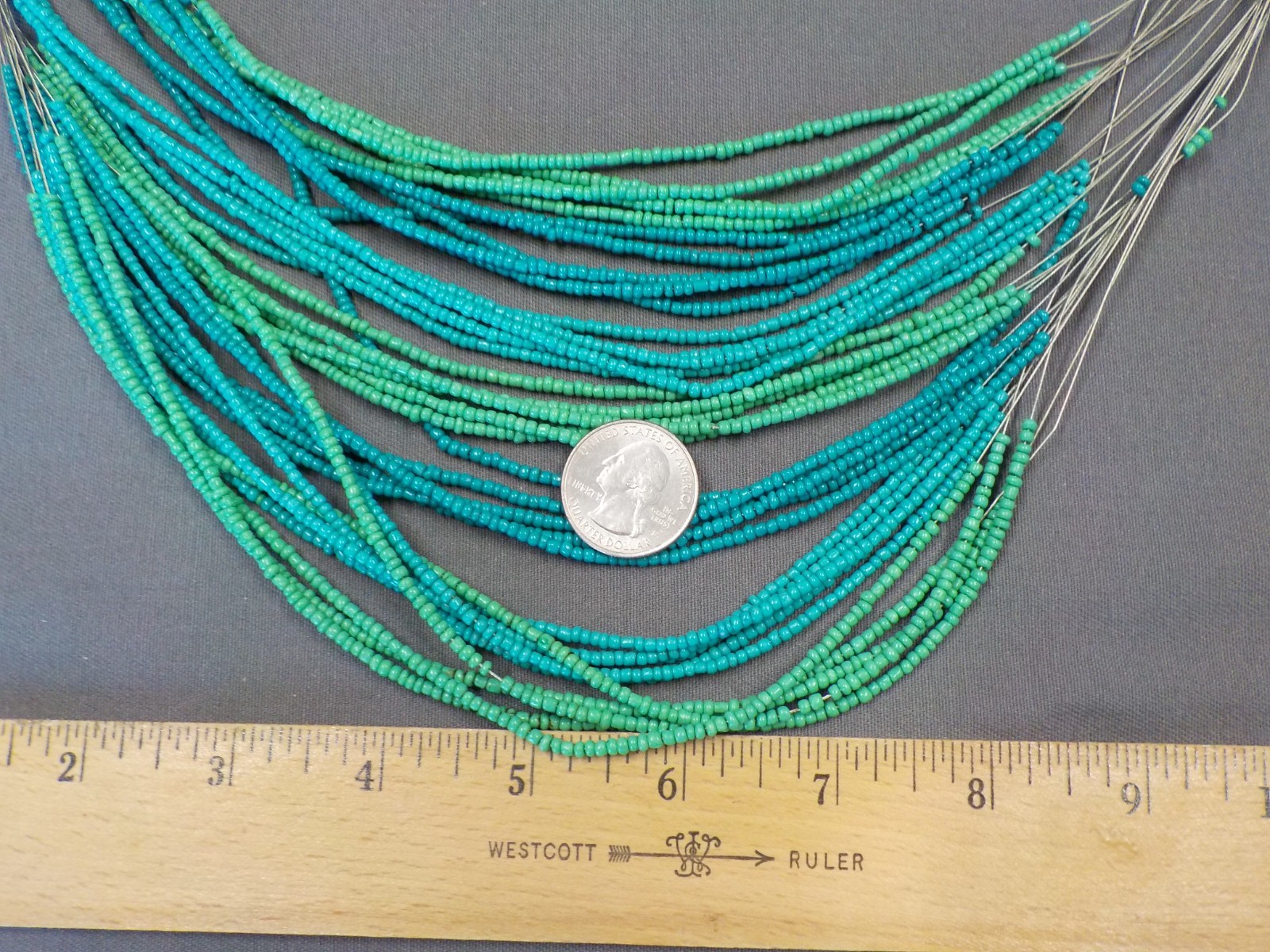 Turquoise Color Seed Beads Necklace Silver Tone Metal Multi Strand Wire Glass