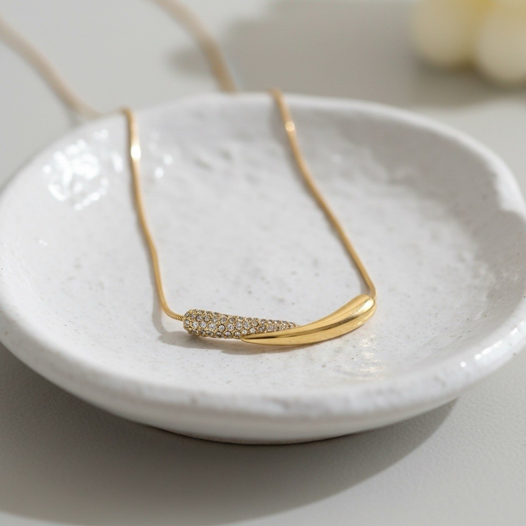 Anthropologie Gold Curved Bar Necklace Pave Crystal Pendant Minimalist Boho CZ