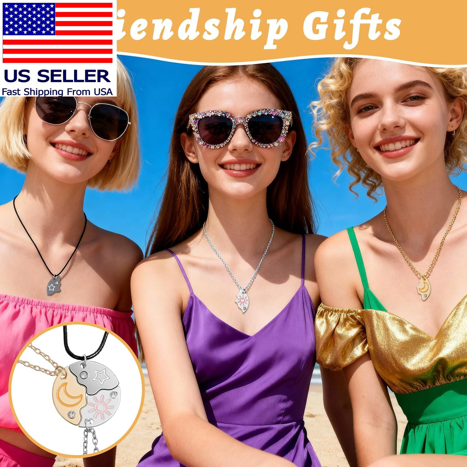 3Pcs Friendship Necklace for 3 Sun Moon Star Puzzle BFF Necklace round Matching