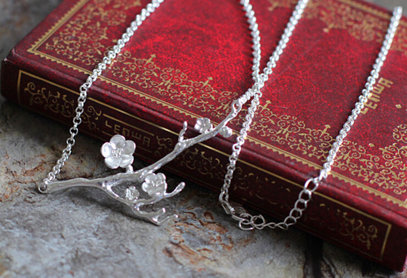 Silver Sakura Cherry Blossom Pendant Necklace Branch Chain Flower Gift Box S5