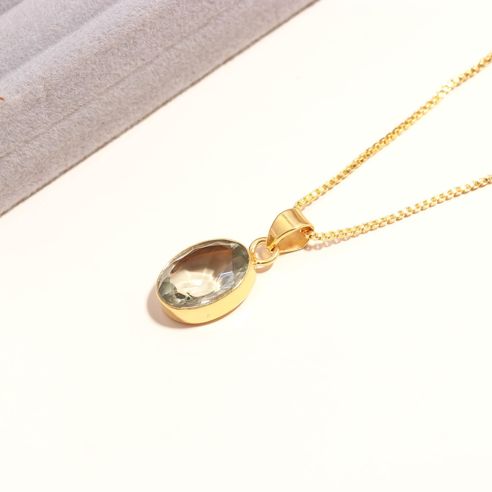 100%Natural Green Amethyst Oval Necklace Gold Plated 925 Sterling Silver Jewelry