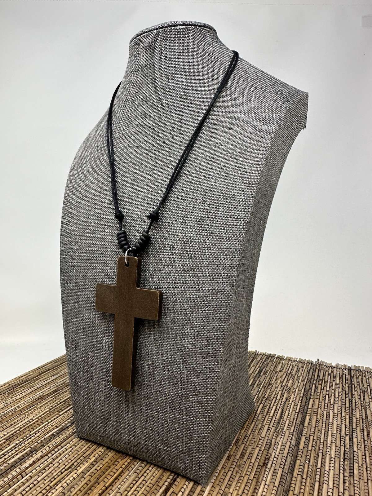 Wooden Cross Necklace 3in Brown Pendant Adjustable 16‑30in Sliding Knots Unisex