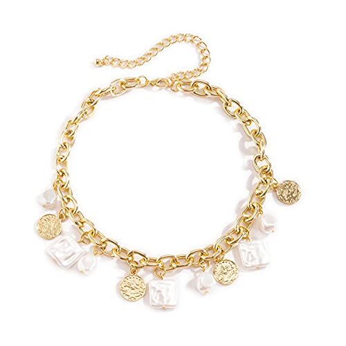 Punk Cuban Link Chain Choker Necklace with Irregular Pearl Coin Tassel Carved