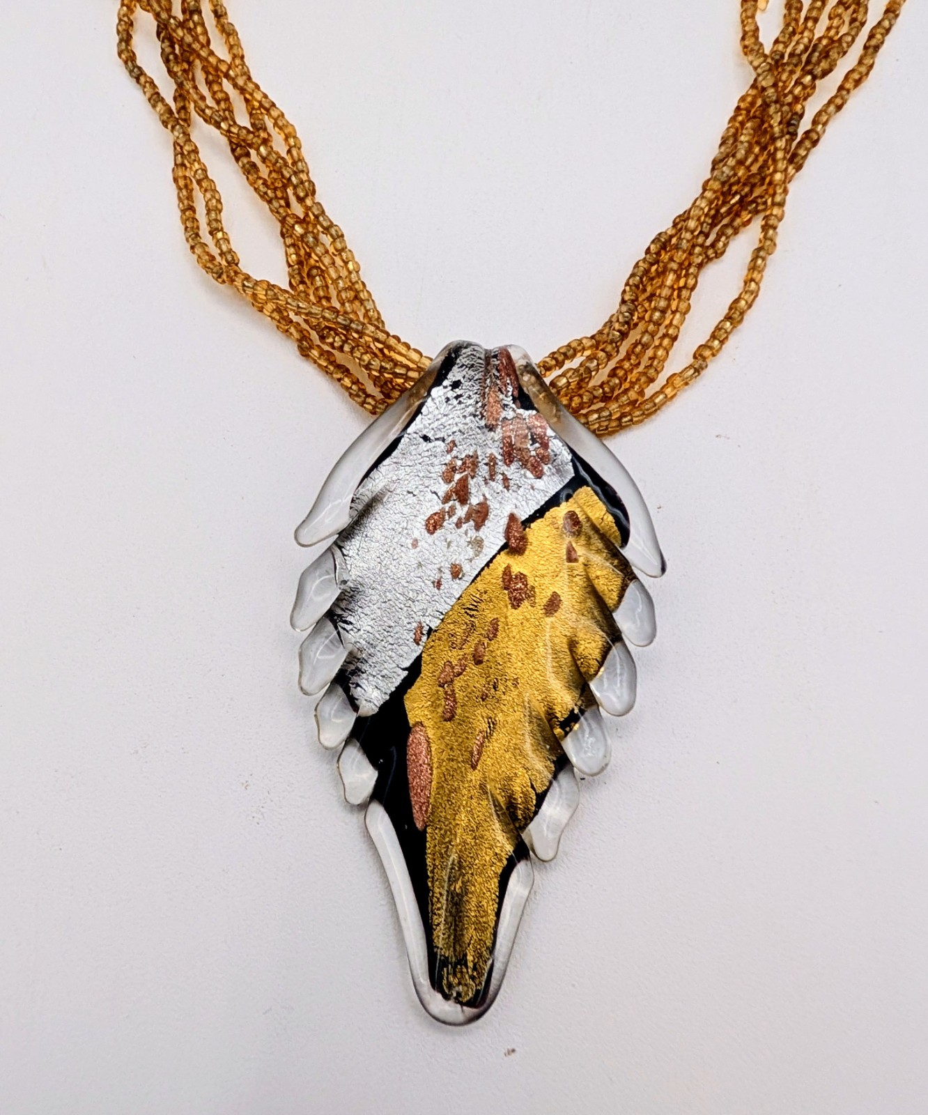 Dichroic Art Glass Pendant Silver Gold on beaded chain with matching earrings