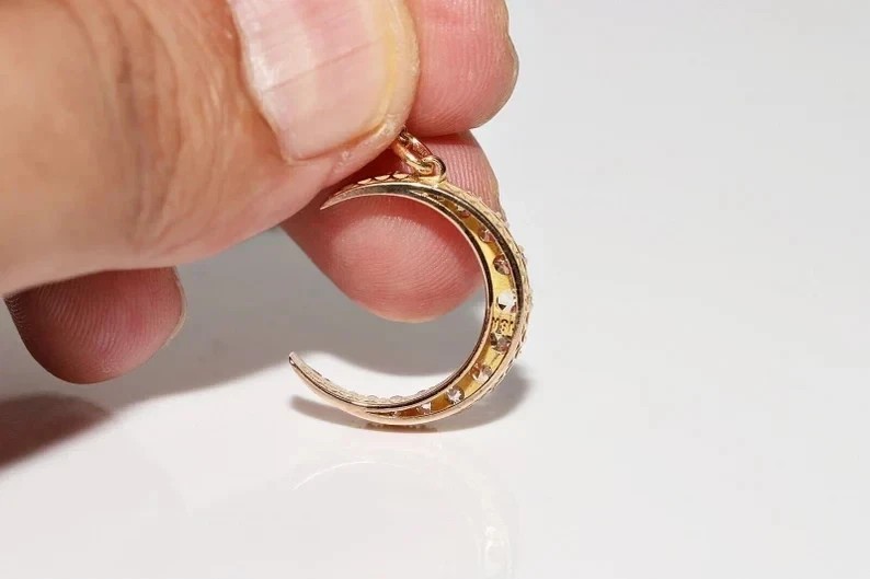 Fancy Moon Shape Pendant 2Ct Round Cut Simulated Diamond 14K Yellow Gold Plated