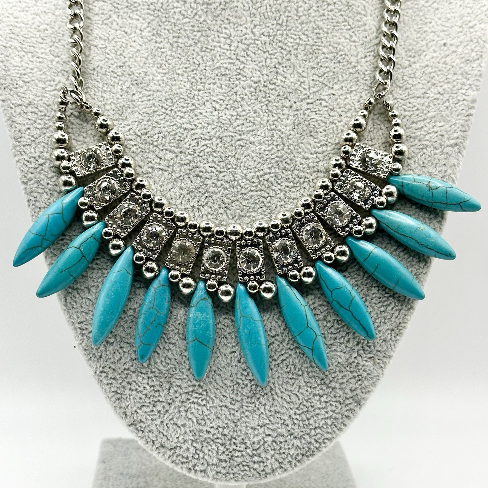 Faux Turquoise Rhinestone Statement Necklace Silver Tone Boho Ethnic 17-21”