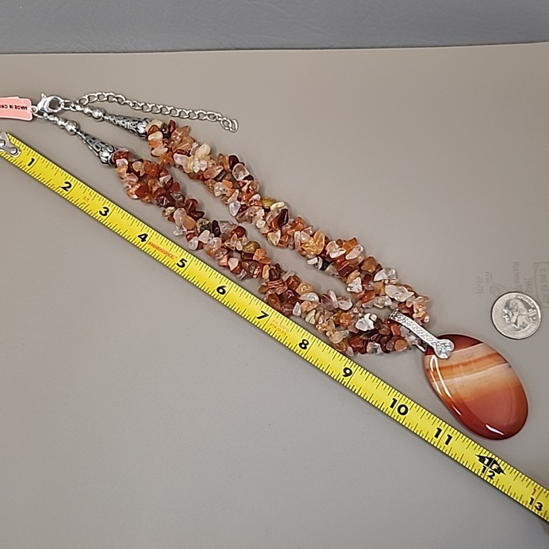 Carnelian Agate Necklace Chip Beaded Triple Layered Statement Orange JTV 22″