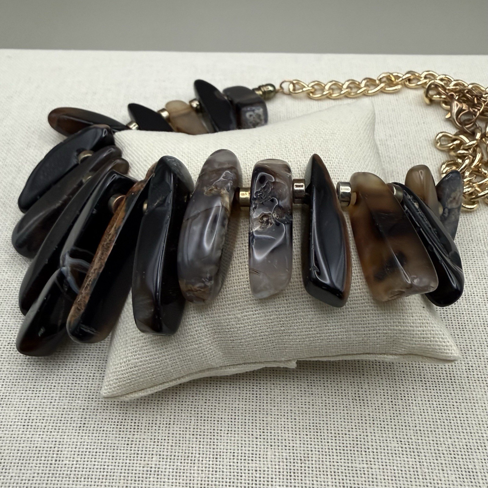 Stone Slice Collar Statement Bib Necklace Brown Black Grey 22″ Artisanal Earthy