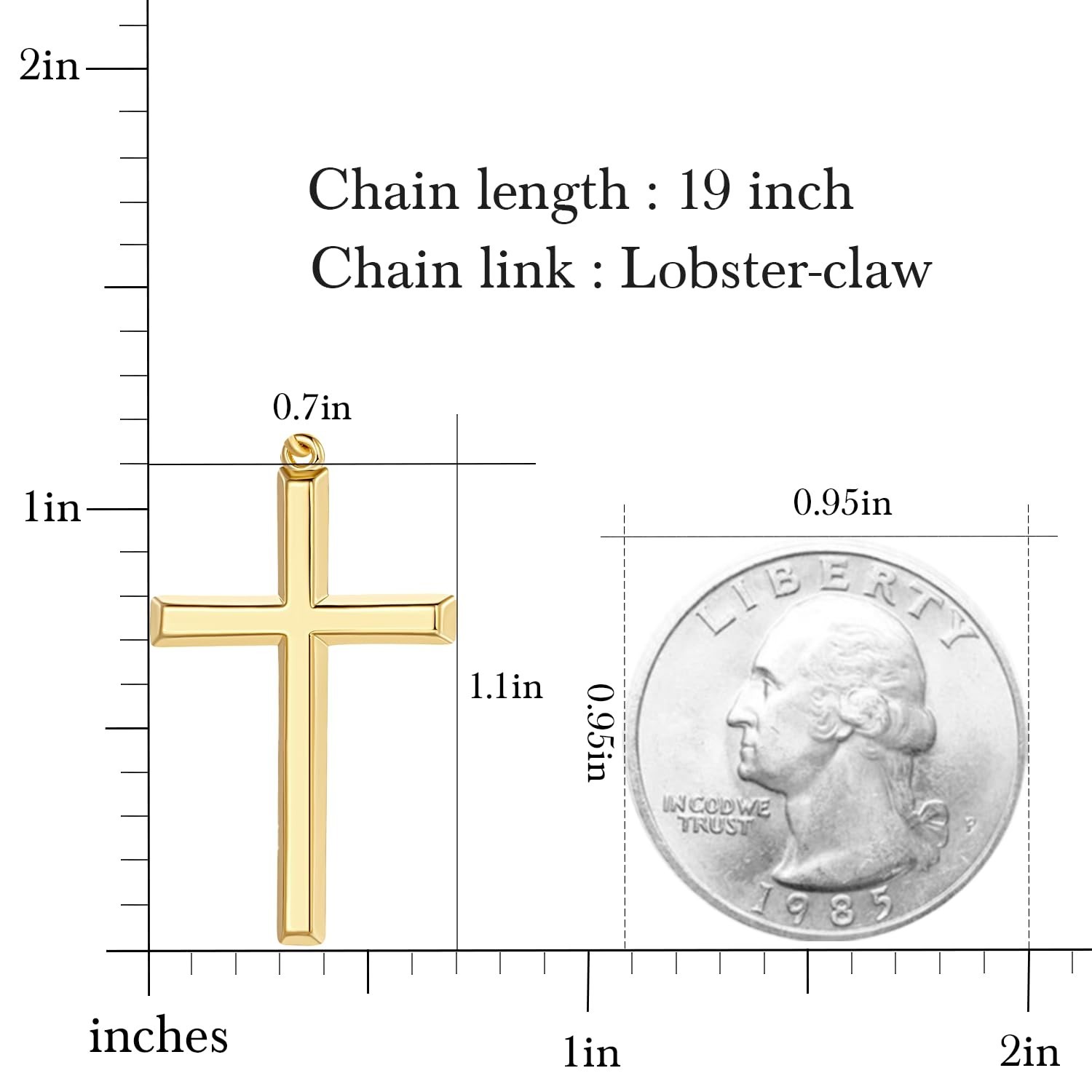 14K Gold Cross Necklace for Women, Figaro Chain Pendant, 19″ Mariner Style, Masc