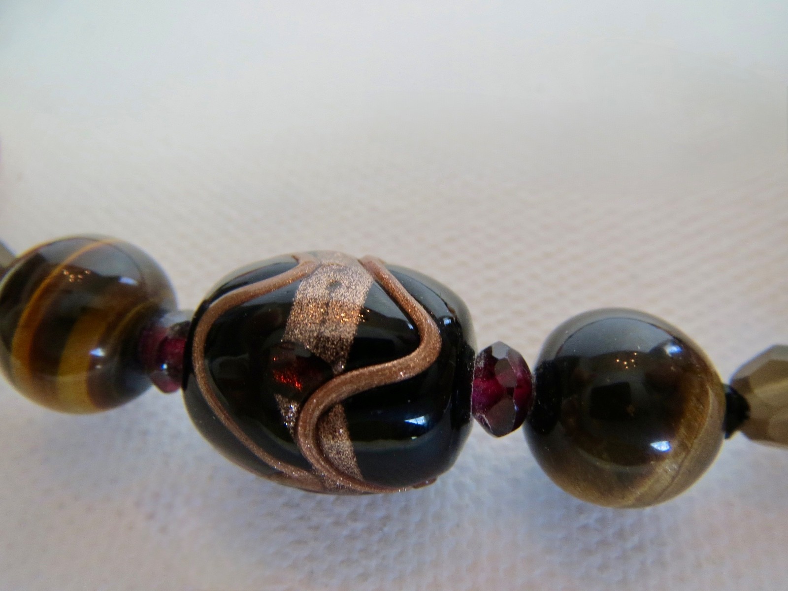 Artisan Created Art Glass Bead, Tiger’s Eye Mixed Materials 16/ 18″ Adj NECKLACE