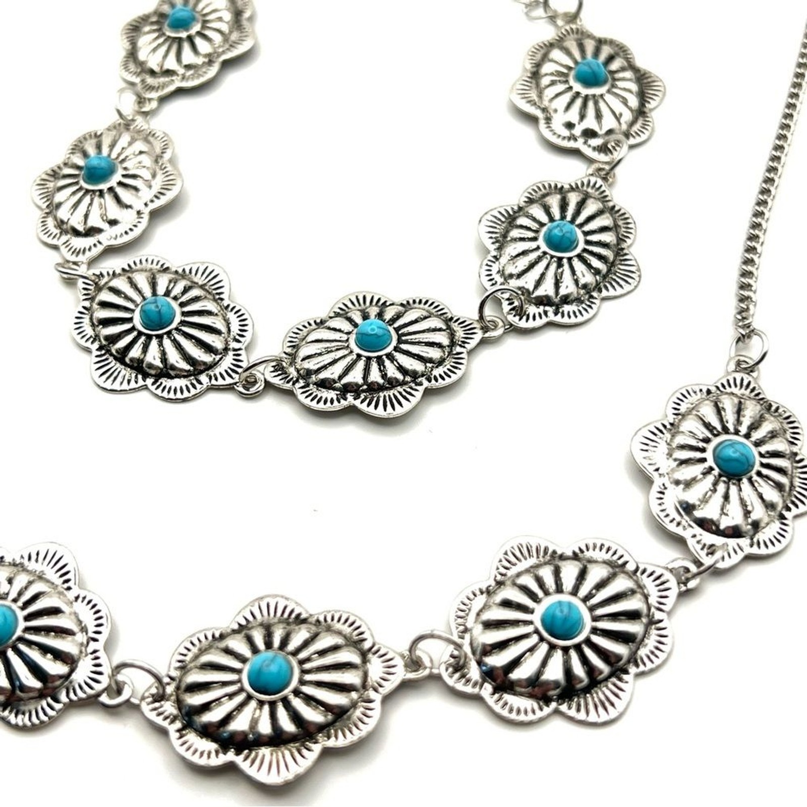 Boho Silver-Tone Turquoise Flower Necklace & Bracelet Set