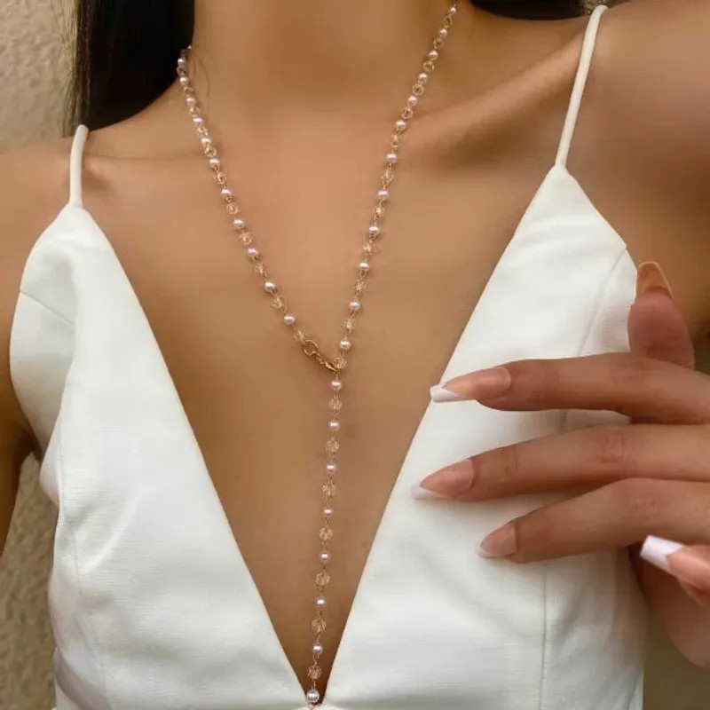 Trendy Gold Silver Color Glass Long Y-Shaped Necklace Metal Collarbone Chain