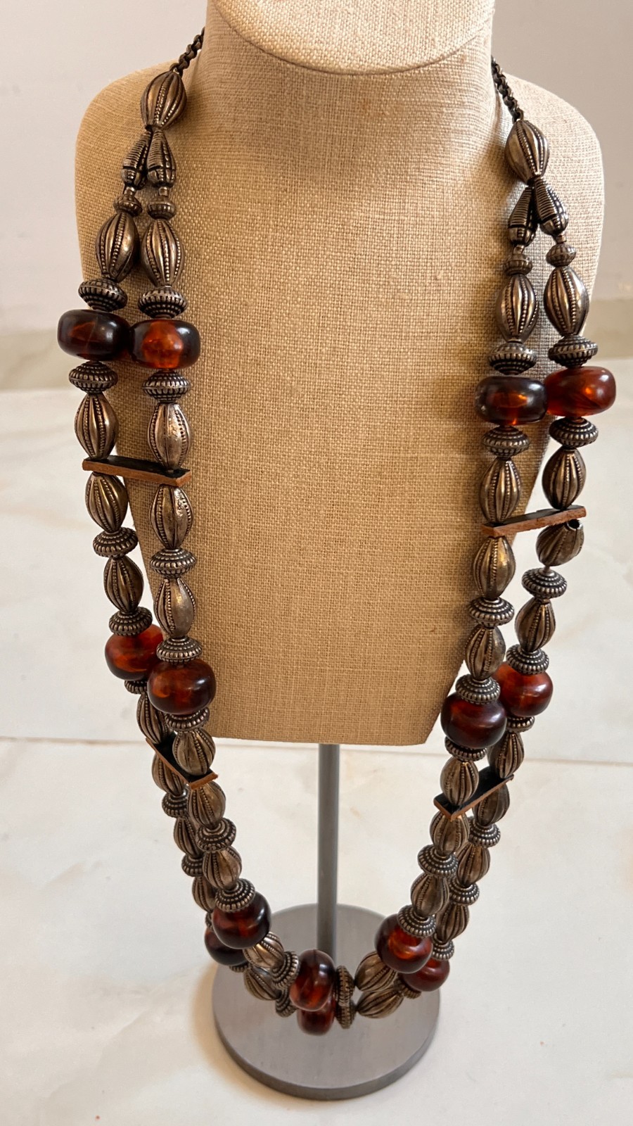 long statement double strands vintage silver necklace with amber and leather