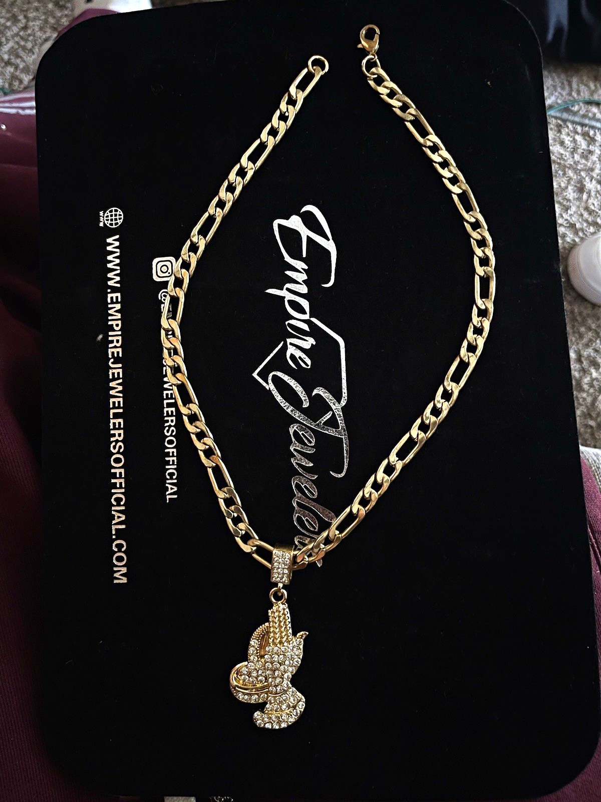 Empire Jewelers Gold Tone Figaro Chain Necklace Hand Charm Pendant Crystal