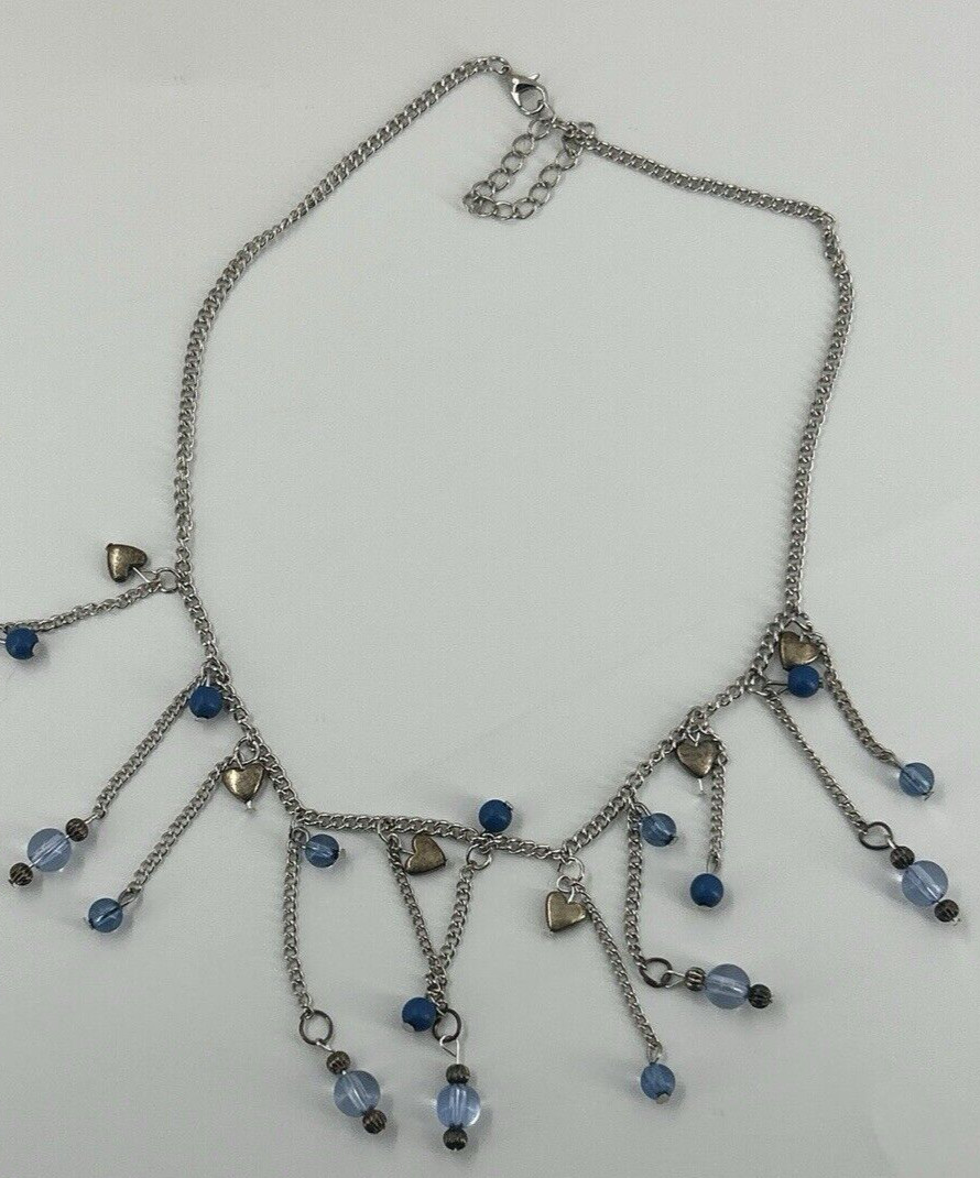 Silver Tone Blue Chandelier Choker Necklace Womens Bib Fringe Hearts Chain 17-19