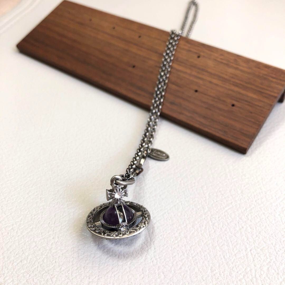 Vivienne Westwood Tiny Orb Necklace Flower Purple Gunmetal 2.5cm with drawstring