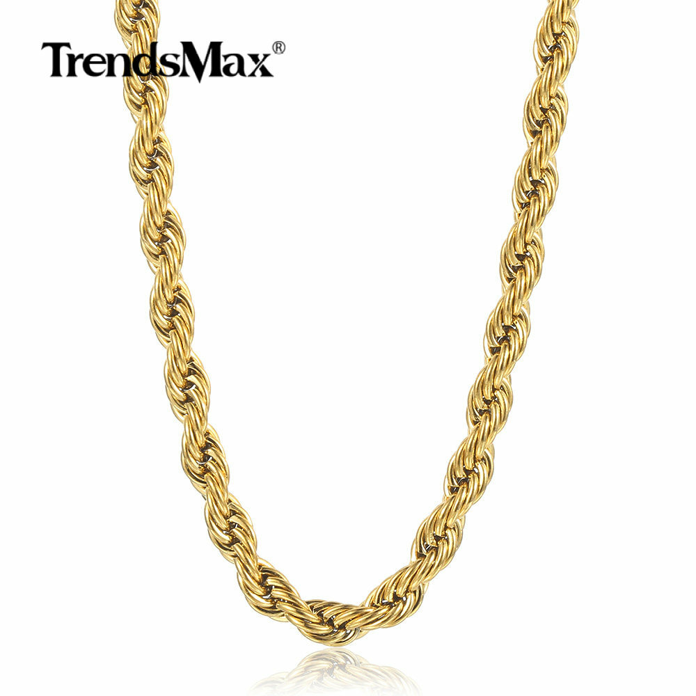3-7MM Gold Plated Stainless Steel Diamond Cut Twisted Rope Chain Necklace 16-30″
