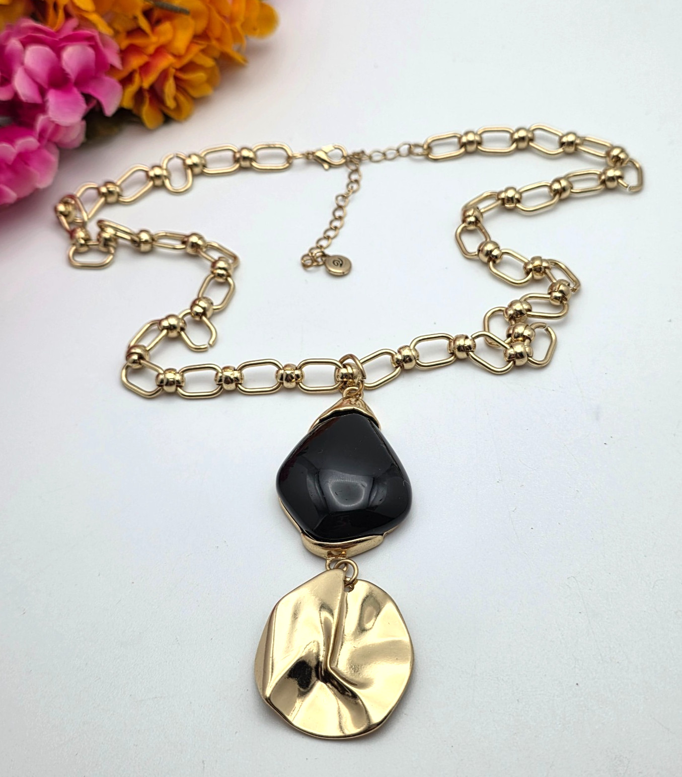 Versona Statement Necklace Gold Tone Black Pendant 23 in adj.