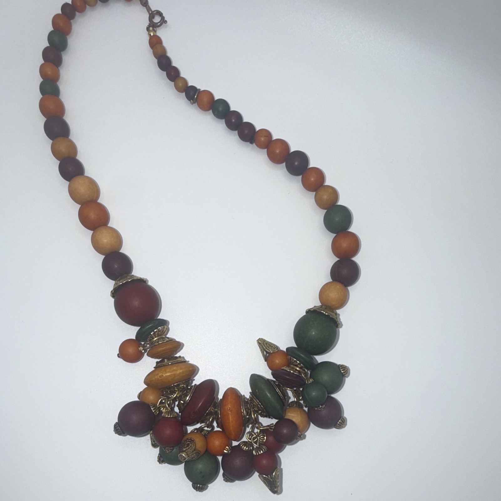 Boho Multicolor Brass Wood Beaded Statement Necklace Charm Cluster Pendant