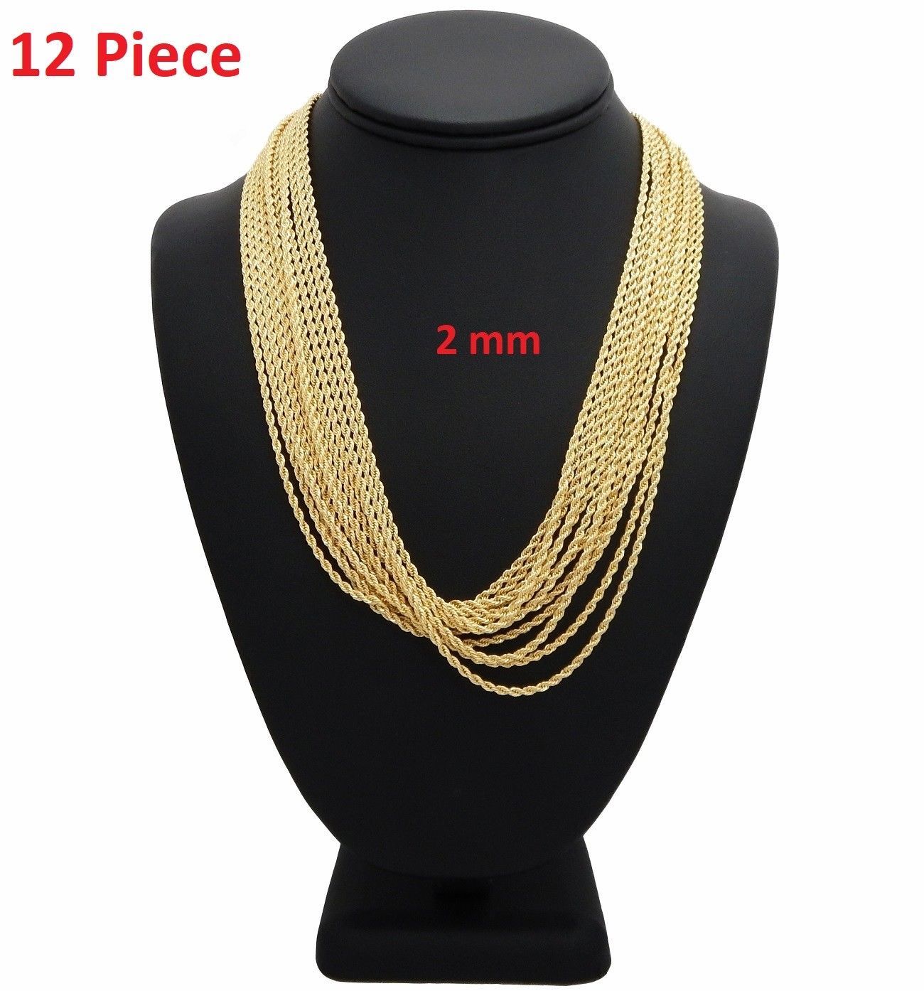 New 12 Piece Rope Chain Necklace 2mm 26″ inch 14k Gold Plated Wholesale Lot