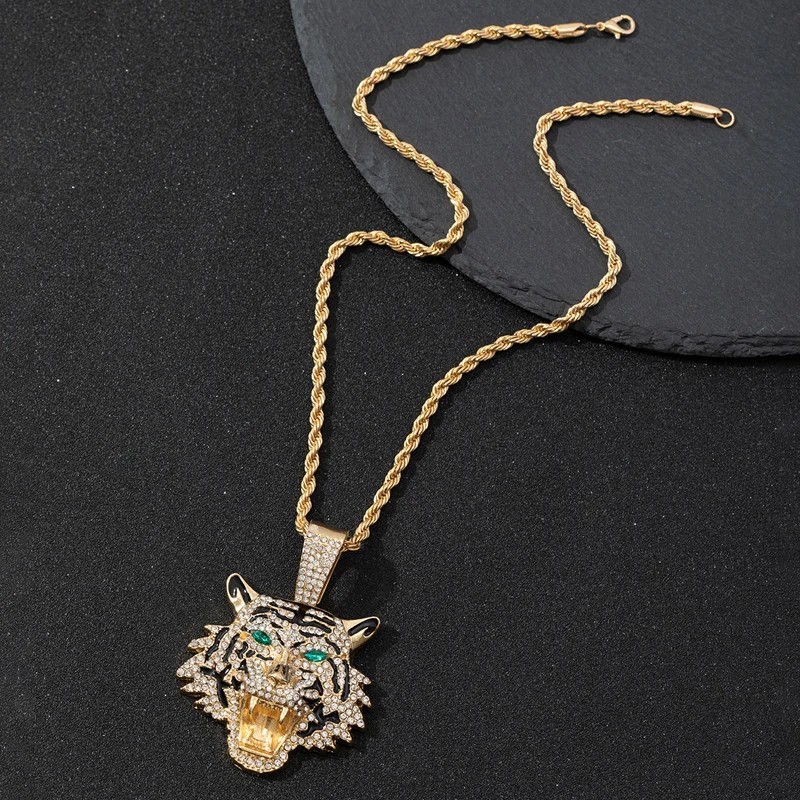 Hip Hop Iced CZ Tiger Pendant Necklace Crystal Cuban Chain Fashion Charm Jewelry