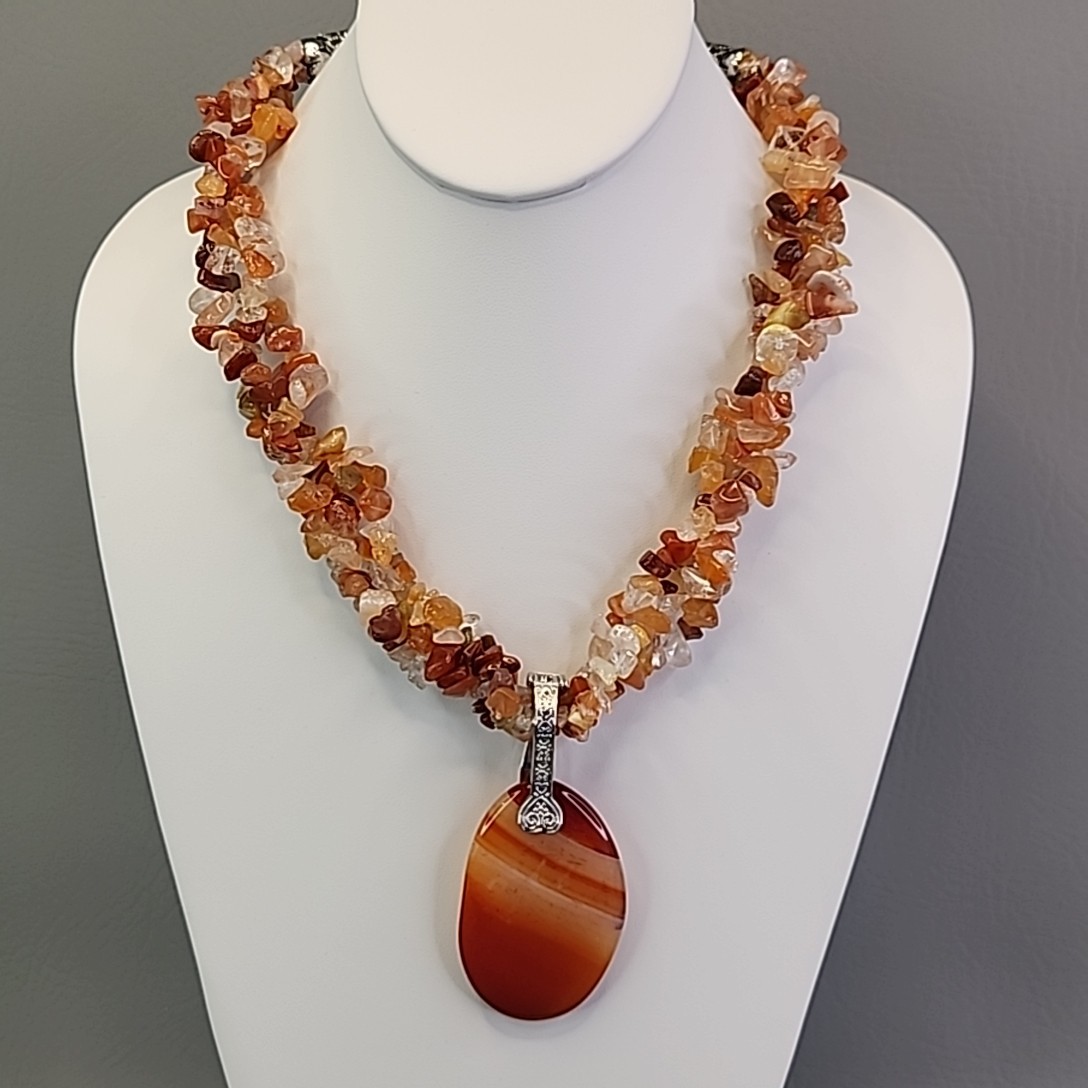 Carnelian Agate Necklace Chip Beaded Triple Layered Statement Orange JTV 22″