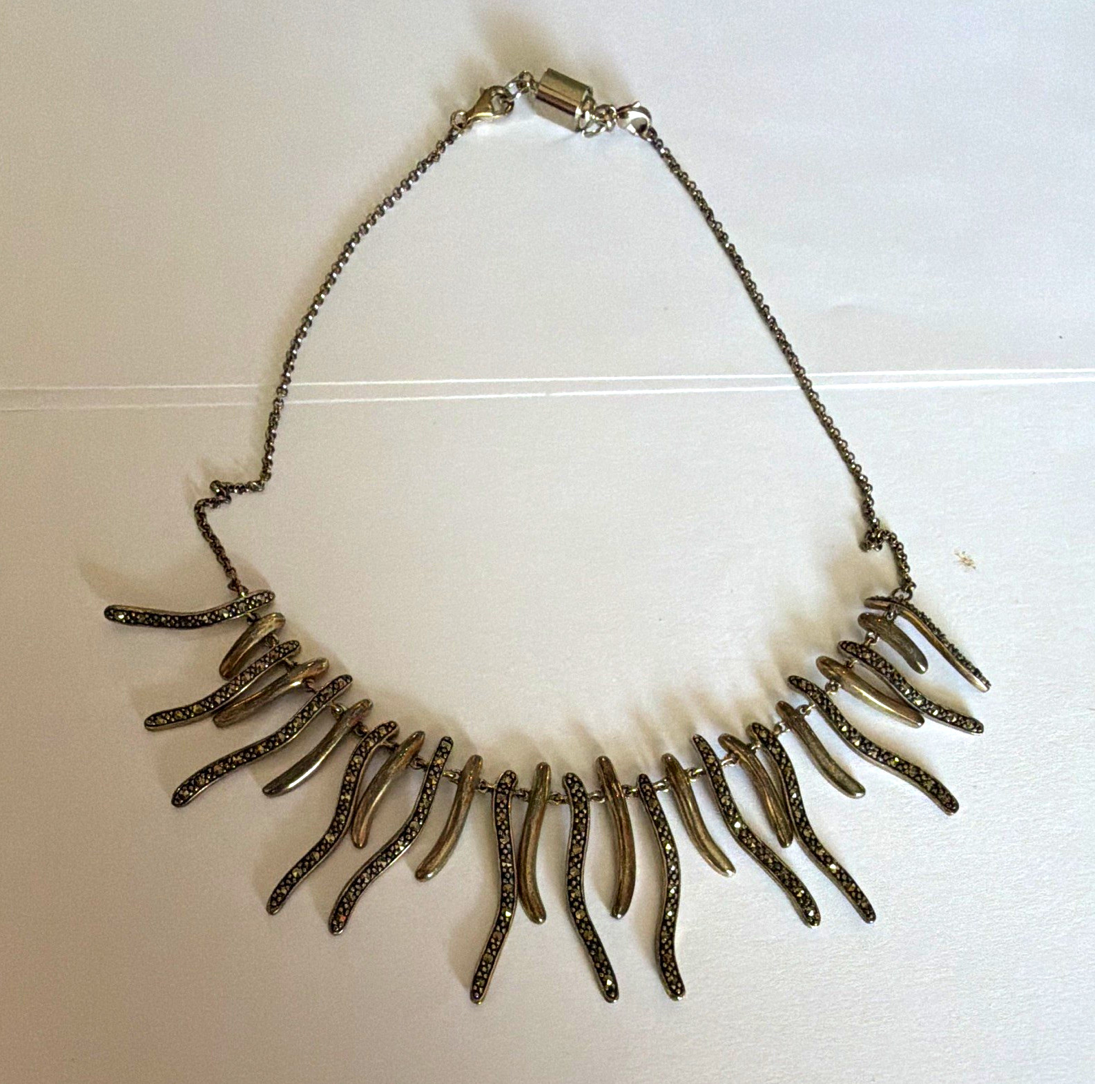 Silver Tone Statement Bib Necklace Asymmetrical Fringe Spike, Cable Chain