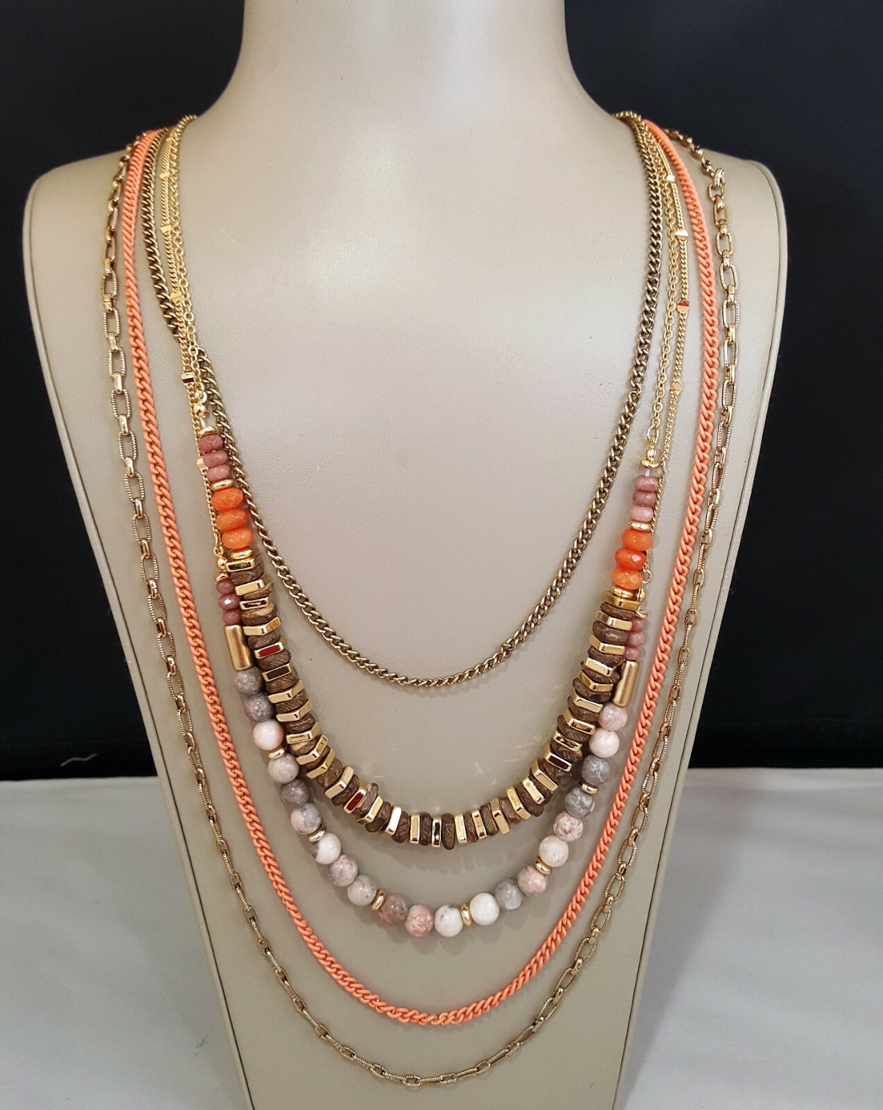 Anthropologie Women’s Statement Multi Layer Stone Gold Plated Orange Necklace