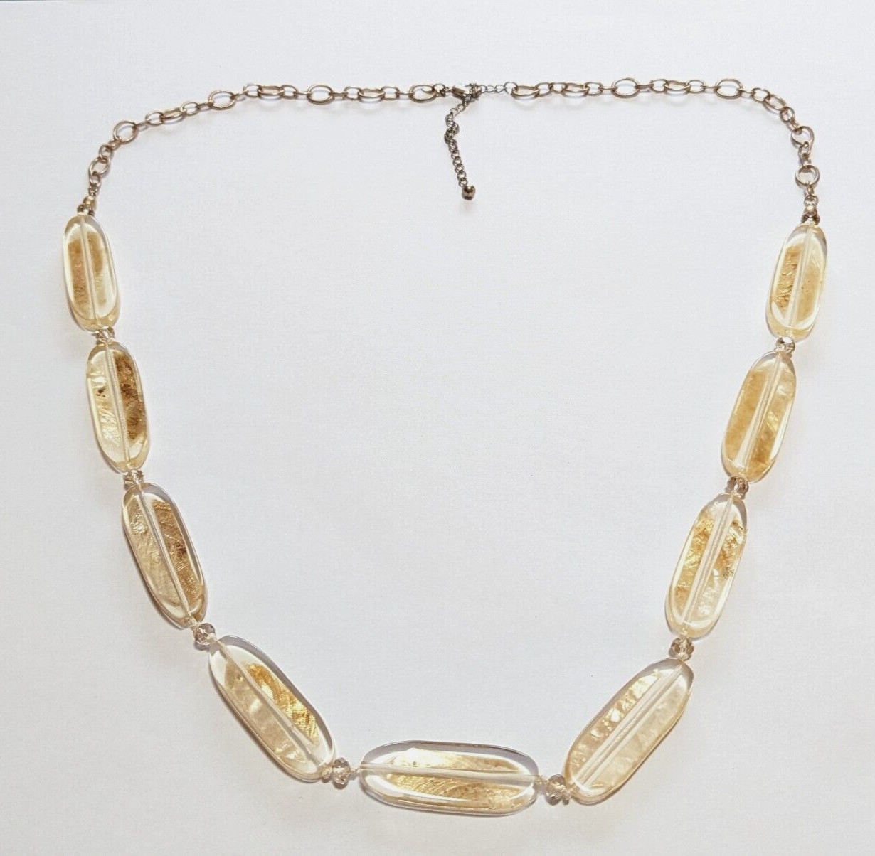 Chico’s Chunky Lucite Gold Tone Flake Statement Necklace 46″ Long Boho