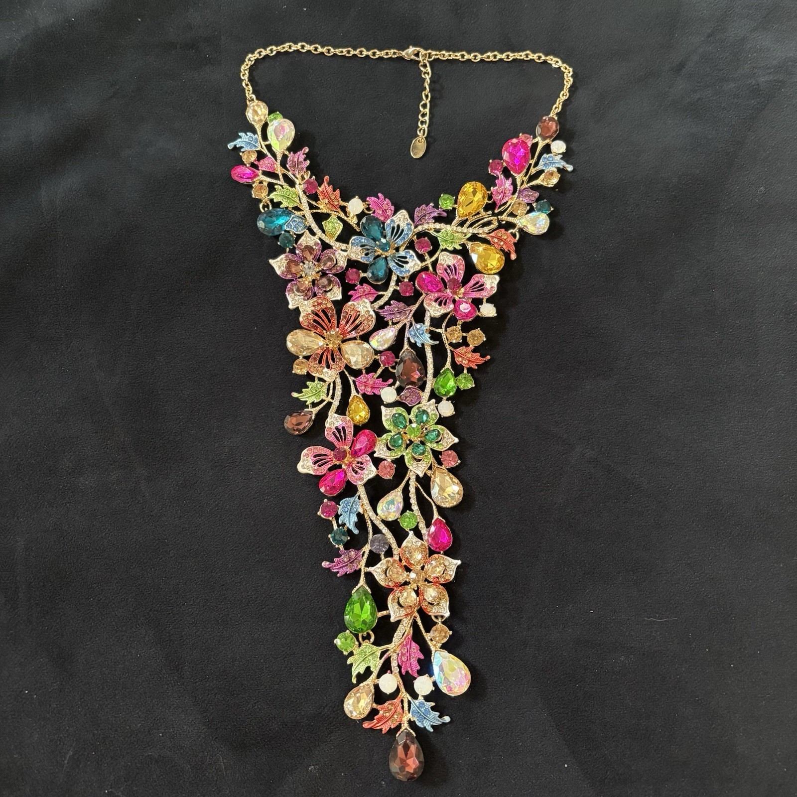 Christian Siriano Multicolor Floral Rhinestone Waterfall Bib Statement Necklace