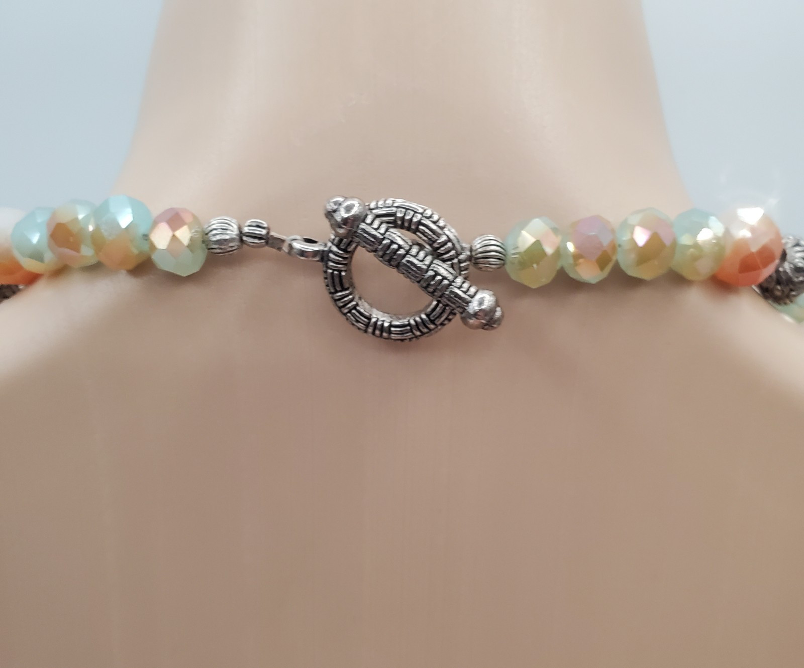 Banded Agate Stone Necklace 32in Peach Aqua Green Brown Polished Natural Beads