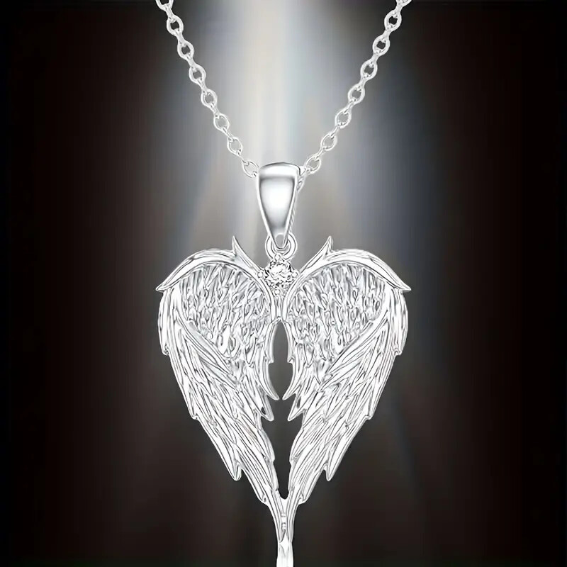 Elegant Angel Wing Heart Shaped Pendant Necklace Men Women Trendy Silver Color