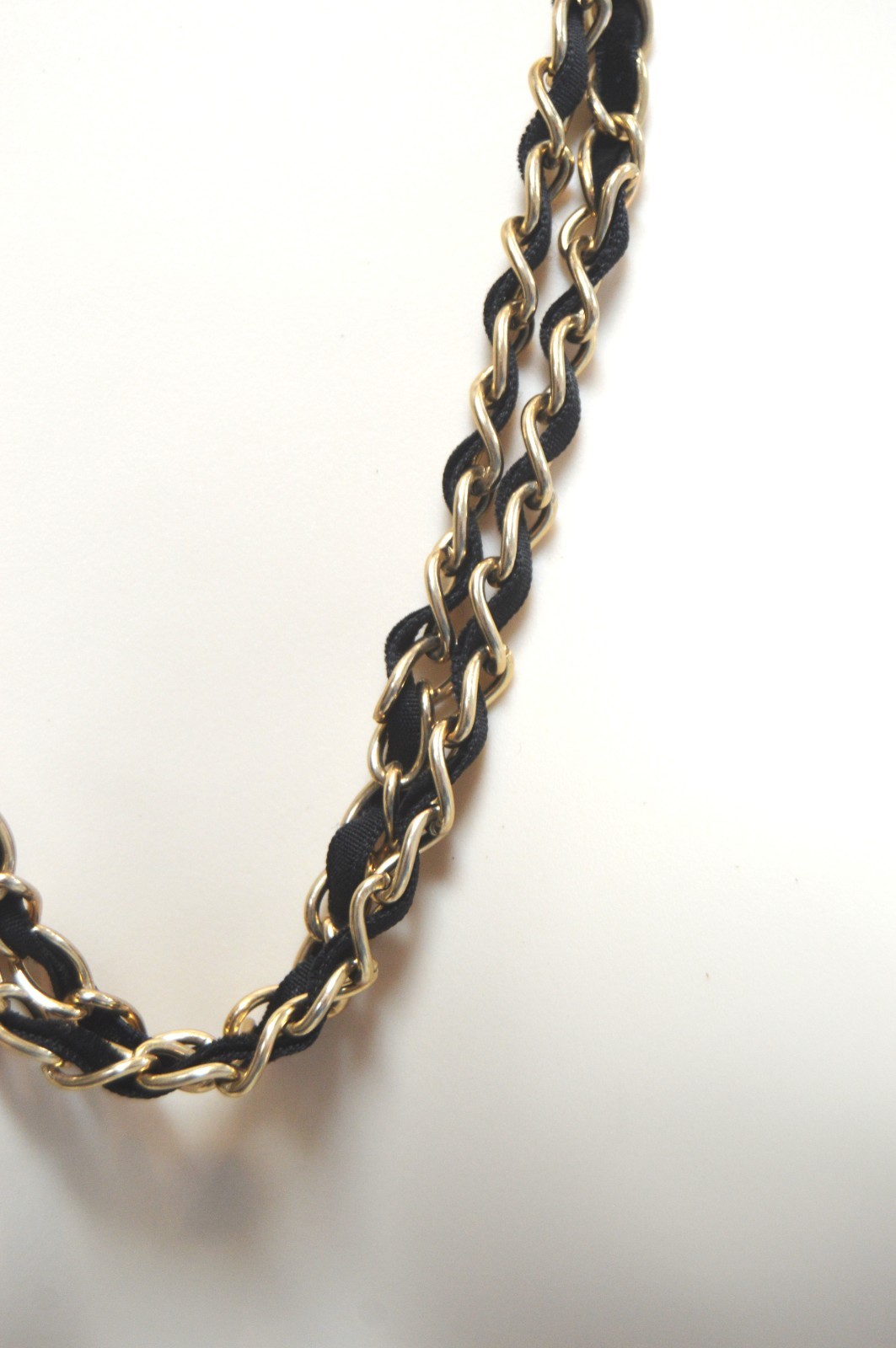 Gold Tone Chain Necklace with Black Cord Woven Design, 60cm Long