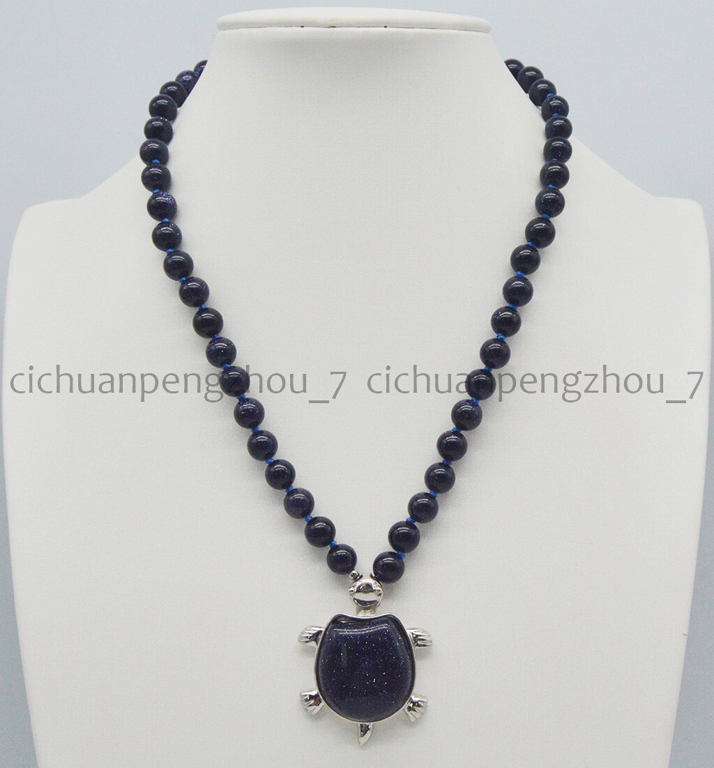 Fashion Jewelry 8/10mm Gemstone Round Beads Tortoise Pendant Necklace 18”