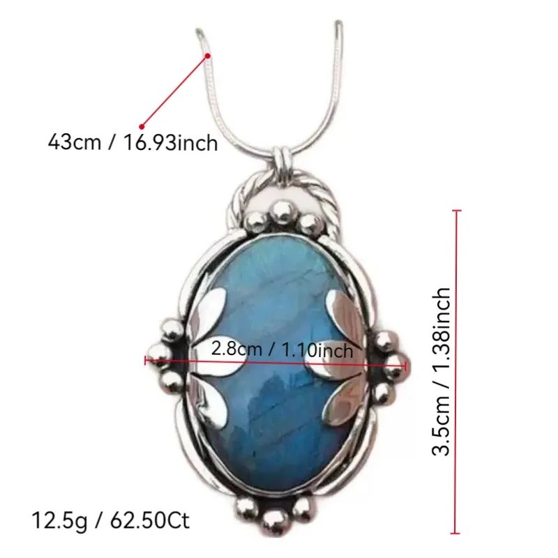 Silver Tone Snake Chain Necklace Blue Oval Labradorite Pendant 16.93in 3.5×2.8cm